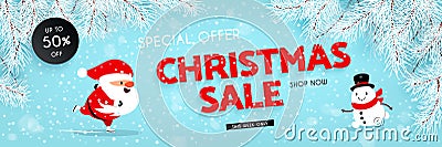 Christmas sale, discounts. Festive advertising banner with fun New Year symbols and symbols. Santa Claus is skating. Snowman is Vector Illustration