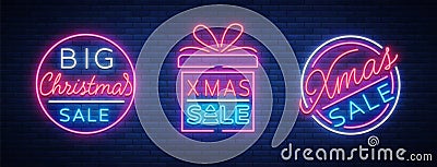 Christmas sale discounts, a set of cards in neon-style. Collection of Neon signs, bright poster, luminous night Vector Illustration