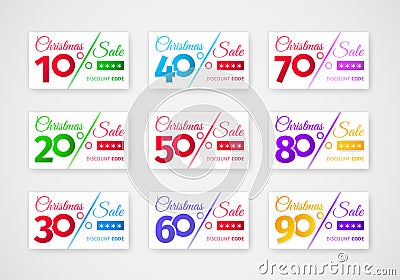 Christmas sale discounts template. Set of coupons with different percentages Vector Illustration