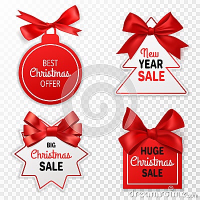 Christmas sale labels. Holidays discount price tags with red bows, promotion marketing winter event, signage stickers or Vector Illustration