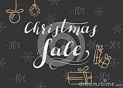 Christmas sale. Lettering on a dark background with snowflakes Vector Illustration