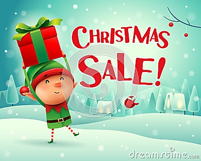 Christmas Sale! Little elf holds up gift present in Christmas sn Vector Illustration