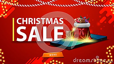 Christmas sale, modern discount banner with a smartphone from the screen which is projected Santa Claus bag with presents Vector Illustration