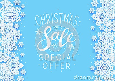 Christmas sale paper snowflakes borders on blue background for Your winter holiday design Vector Illustration