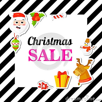 Christmas SALE. Poster, banner with stickers. Cartoon style. Vector Illustration