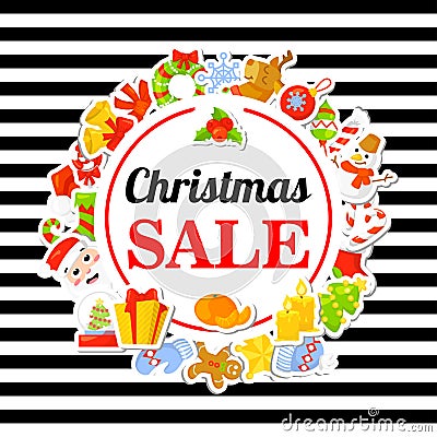 Christmas SALE. Poster, banner with stickers. Cartoon style. Vector Illustration