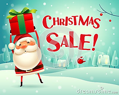 Christmas Sale! Santa Claus holds up gift present in Christmas snow scene winter landscape. Vector Illustration