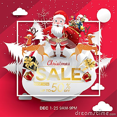 Christmas Sale Season Design Template. Paper art and digital craft style. vector illustration Greeting card, poster, banner, promo Vector Illustration