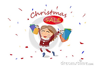 Christmas sale, shopping, end of season, woman, girl character c Vector Illustration