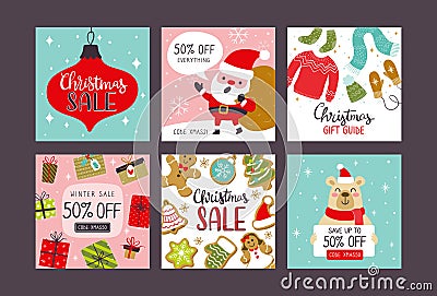 Christmas sale social media square banners Vector Illustration