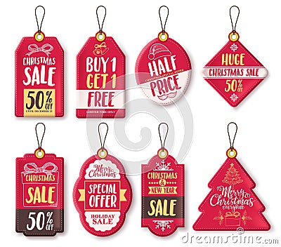 Christmas sale tags vector set with different shapes and discount text and greeting Vector Illustration