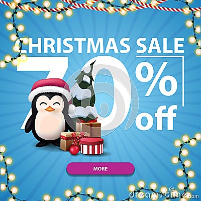 Christmas sale, up to 70% off, blue discount banner with Large numbers, button, garland and penguin in Santa Claus hat. Vector Illustration