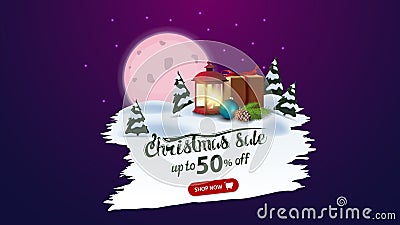 Christmas sale, up to 50% off, discount banner with pink full moon, pines forest, gift and antique lamp. White torn banner Vector Illustration