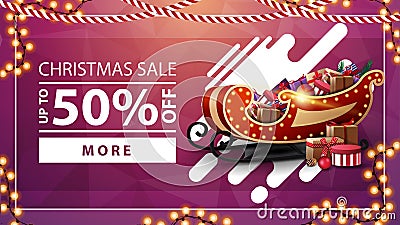 Christmas sale, up to 50% off, pink discount banner with garlands, button and Santa Sleigh with presents Vector Illustration