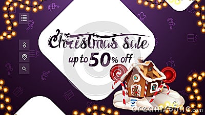 Christmas sale, up to 50% off, purple discount banner for website with decorative white large figures, garland. Vector Illustration