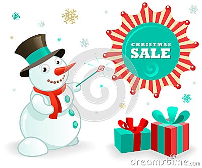Christmas Sales Banner: Funny Snowman and xmas gifts Vector Illustration