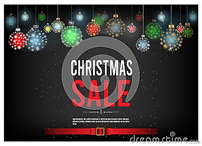 Christmas sales banners with shining snow star and colorful balls on black background. For posters, banners, sales. Vector Illustration