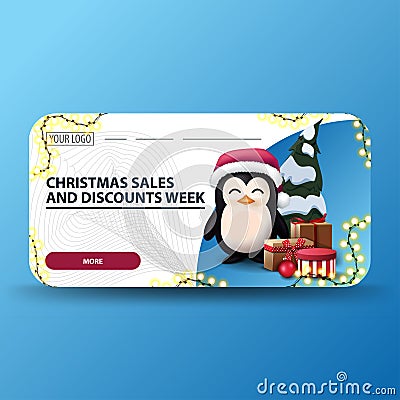 Christmas sales and discount week, white modern Christmas discount banners with rounded corners, garland and penguin. Vector Illustration