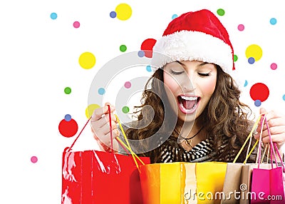 Christmas sales. Surprised woman Stock Photo