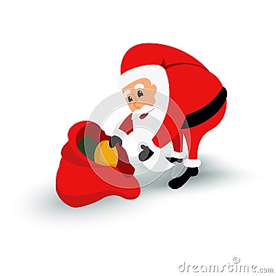 Christmas Santa Claus character with gift bag. Cartoon bearded man in festive costume. Vector xmas illustration Vector Illustration