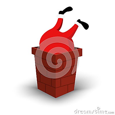 Christmas Santa Claus character upside down in chimney. Cartoon man in festive costume Santa Claus. Vector xmas Vector Illustration