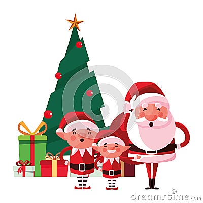 Christmas santa claus elves and tree gift Vector Illustration