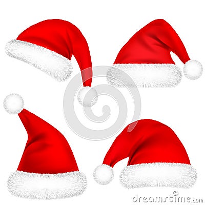 Christmas Santa Claus Hats With Fur Set. New Year Red Hat Isolated on White Background. Winter Cap. Vector illustration. Vector Illustration