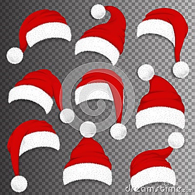 Christmas Santa Claus red hats with shadow isolated on transparent background. Vector Vector Illustration