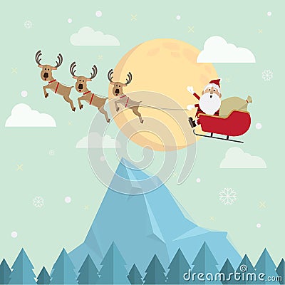 Christmas santa claus and reindeer snow moon vector Vector Illustration