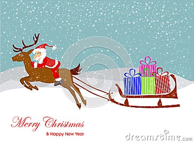 Christmas Santa Claus on the sledge with reindeer and gifts. Vector Illustration