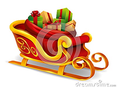 Christmas Santa Claus sleigh with sack bag loaded with gift box presents. Isolated Vector Illustration