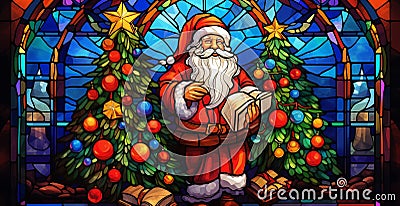 christmas, santa, presents, christmas tree in the style of stained glass, with neon colors on a white background Stock Photo