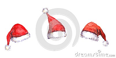 Christmas Santa red hats, watercolor Stock Photo