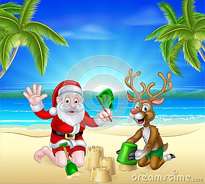 Christmas Santa and Reindeer on Summer Beach Vector Illustration