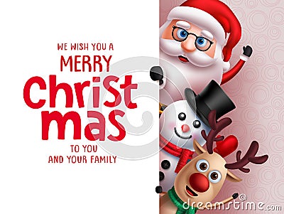 Christmas santa vector greeting template. Santa claus, snow man and reindeer characters holding merry christmas greeting text. Vector Illustration