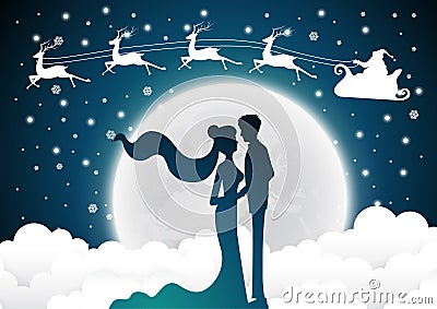 Christmas with santa Wedding invitation card with silhouette bride and groom.full moon background. Vector Illustration