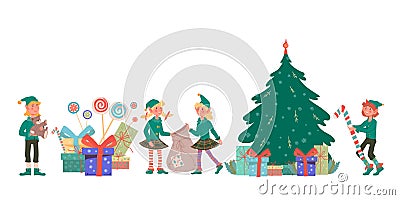 Christmas Santas Elves cute little boys and girls flat vector illustration Cartoon Illustration