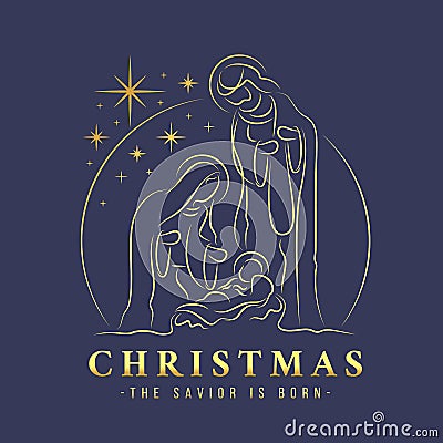 Christmas the savior is born abstract gold line drawing The Nativity with mary and joseph in a manger with baby Jesus on dark Vector Illustration
