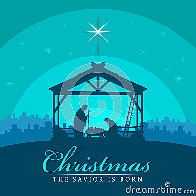 Christmas the savior is born banner sign with Nightly christmas scenery mary and joseph in a manger with baby Jesus vector design Vector Illustration