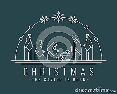 Christmas ,the savior is born banner with white line Nativity of Jesus scene and Three wise men in the semicircle and snow sign Vector Illustration