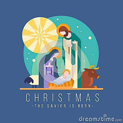 Christmas, the savior is born - The Nativity with mary and joseph in a manger with baby Jesus modern style vector design Vector Illustration