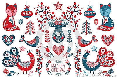 Christmas Scandinavian Folk Art Design collection set Vector Illustration