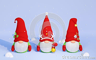 Christmas Scandinavian gnome with beard and red hat 3D render illustration. Cartoon Illustration