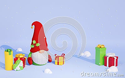 Christmas Scandinavian gnome in red hat with pile of gift boxes 3D render illustration. Cartoon Illustration