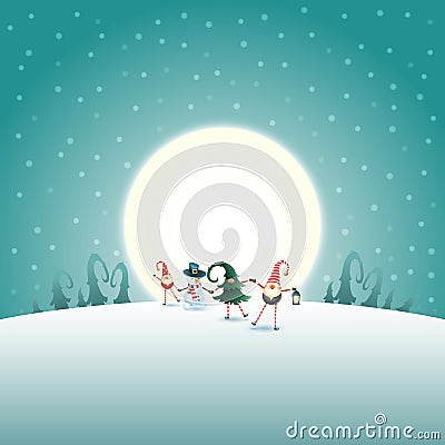 Christmas scandinavian gnomes and snowman on moonlight winter background Vector Illustration