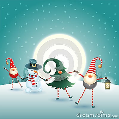 Christmas scandinavian gnomes and snowman on moonlight winter scene Vector Illustration