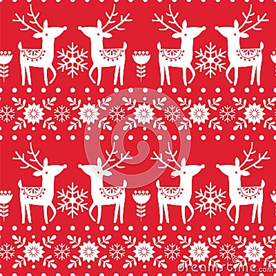 Christmas Scandinavian seamless pattern with reindeer, snowflakes and flowers on red background. Vector Illustration