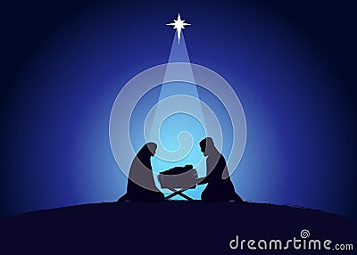 Christmas scene of baby Jesus in the manger with Mary and Joseph in silhouette Vector Illustration