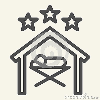 Christmas scene line icon. Birth of Christ holy night outline style pictogram on white background. Baby Jesus lies in Vector Illustration