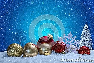 Christmas scene with ornaments and snow Stock Photo